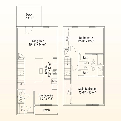Floor plan for 2 beds, 2.5 baths, 1494 sqft